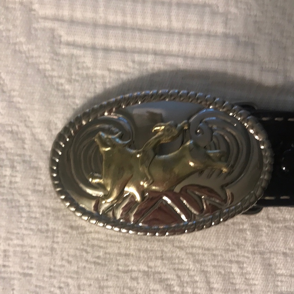 Boy’s Nacona Silver & Gold Western Leather Belt Rodeo Cowboy Bull Buckle 27”